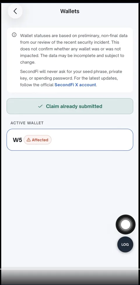 「Wallets」画面に緑色の「Claim already submitted（申請済み）」表示