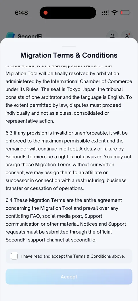 移行規約（Migration Terms & Conditions）画面。「I have read and accept」チェックと Accept ボタン