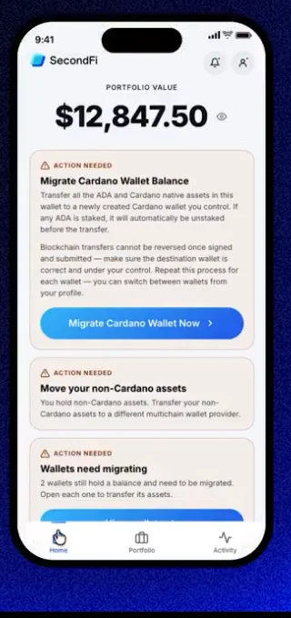SecondFiホーム画面の「Migrate Cardano Wallet Now」カード