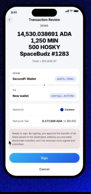 Transaction Review画面。全ADA・トークン・NFTと宛先、ネットワーク手数料、Signボタン