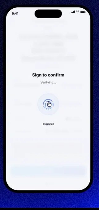 生体認証つきの「Sign to confirm」ダイアログ