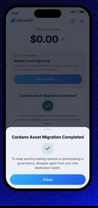 「Cardano Asset Migration Completed」表示。残高$0.00と再委任のリマインド
